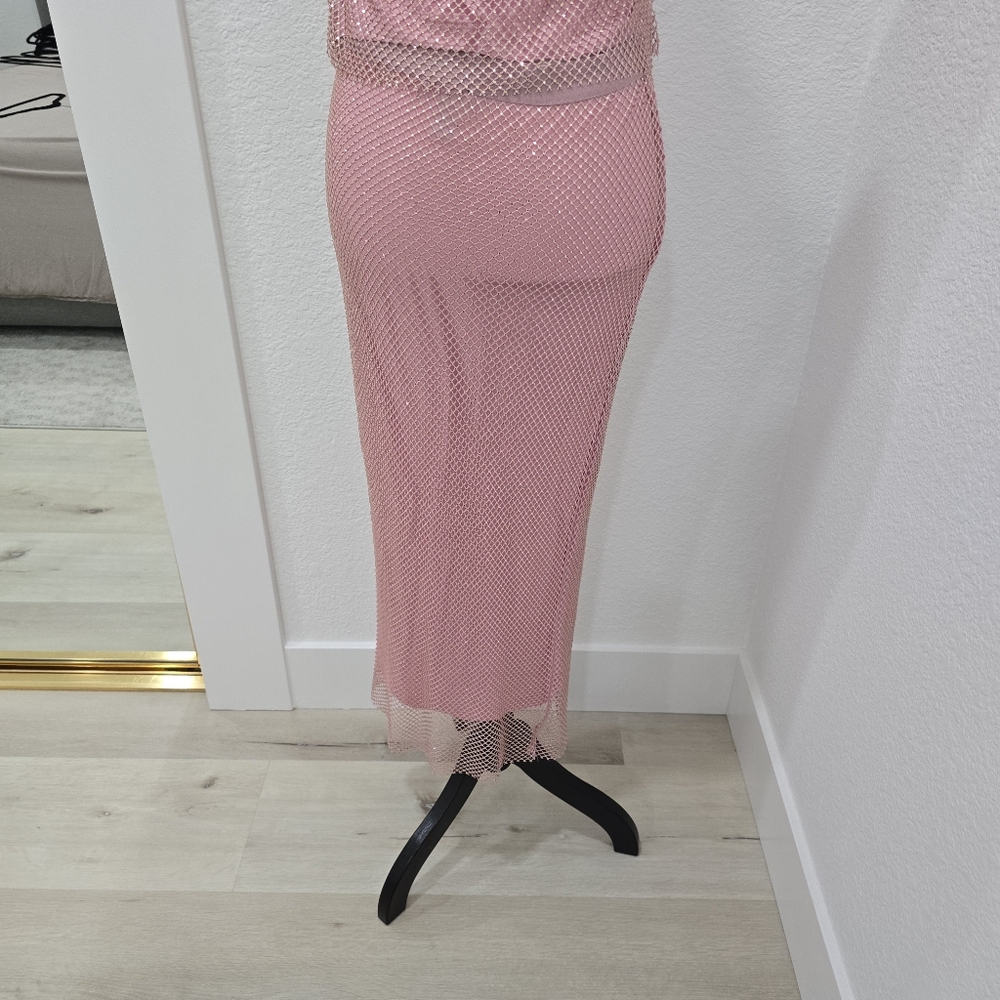 Aqua Co Ord Set Crystal Embellished Mesh Midi Skirt And Top Size Small - Picture 7 of 16